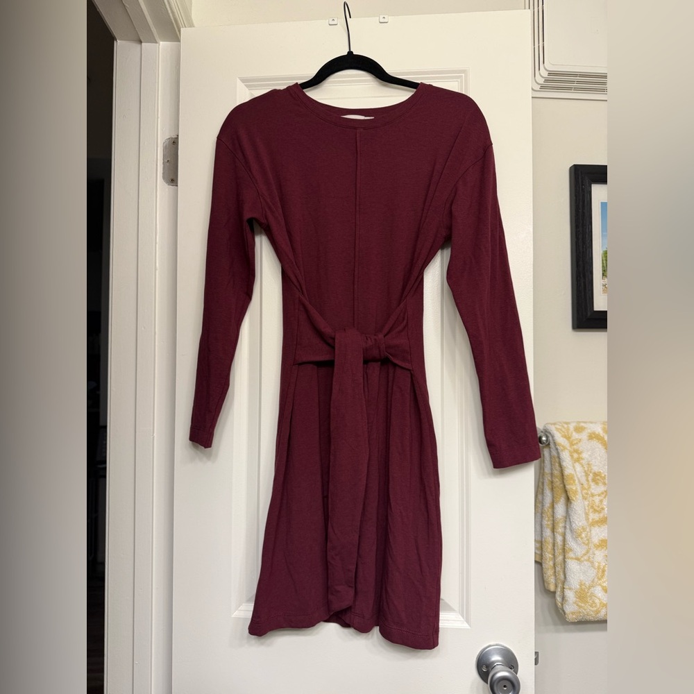 LOFT Heather Tie-Waist Long Sleeve Mini Dress, Plum S NWOT - Picture 6 of 13